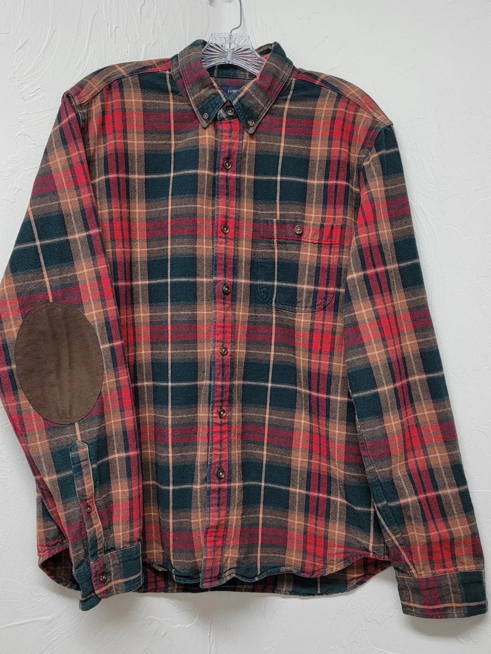 J.Crew Men's L Plaid Flannel Shirt Button Down Red Green Elbow Patches Western